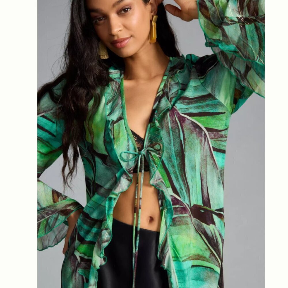NWT Anthropologie Bl-nk Lurex Palm Kimono • Size S/M • Green Palm Lurex Cover-Up